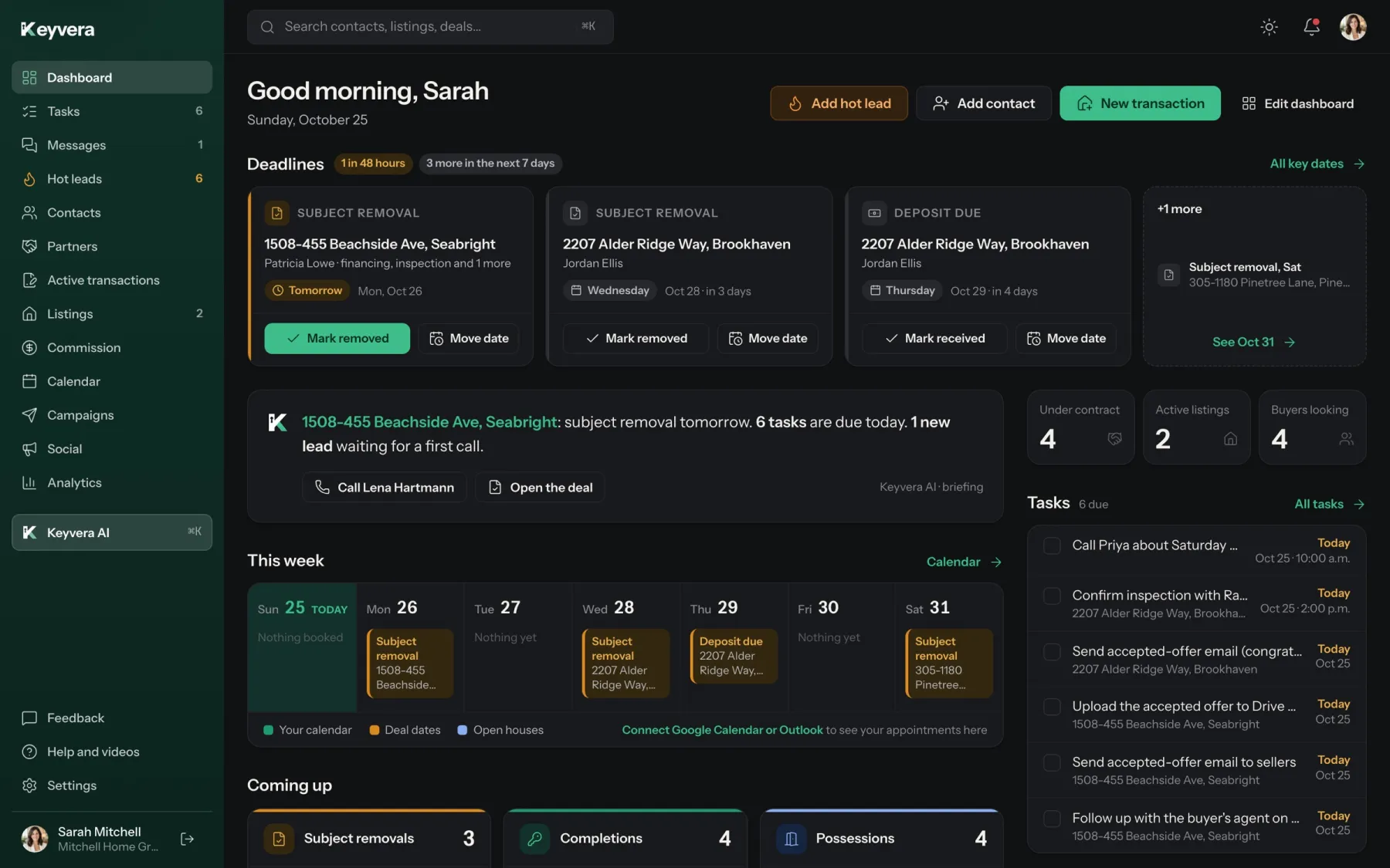 The Keyvera dashboard: deadlines, an AI briefing, this week and today's tasks
