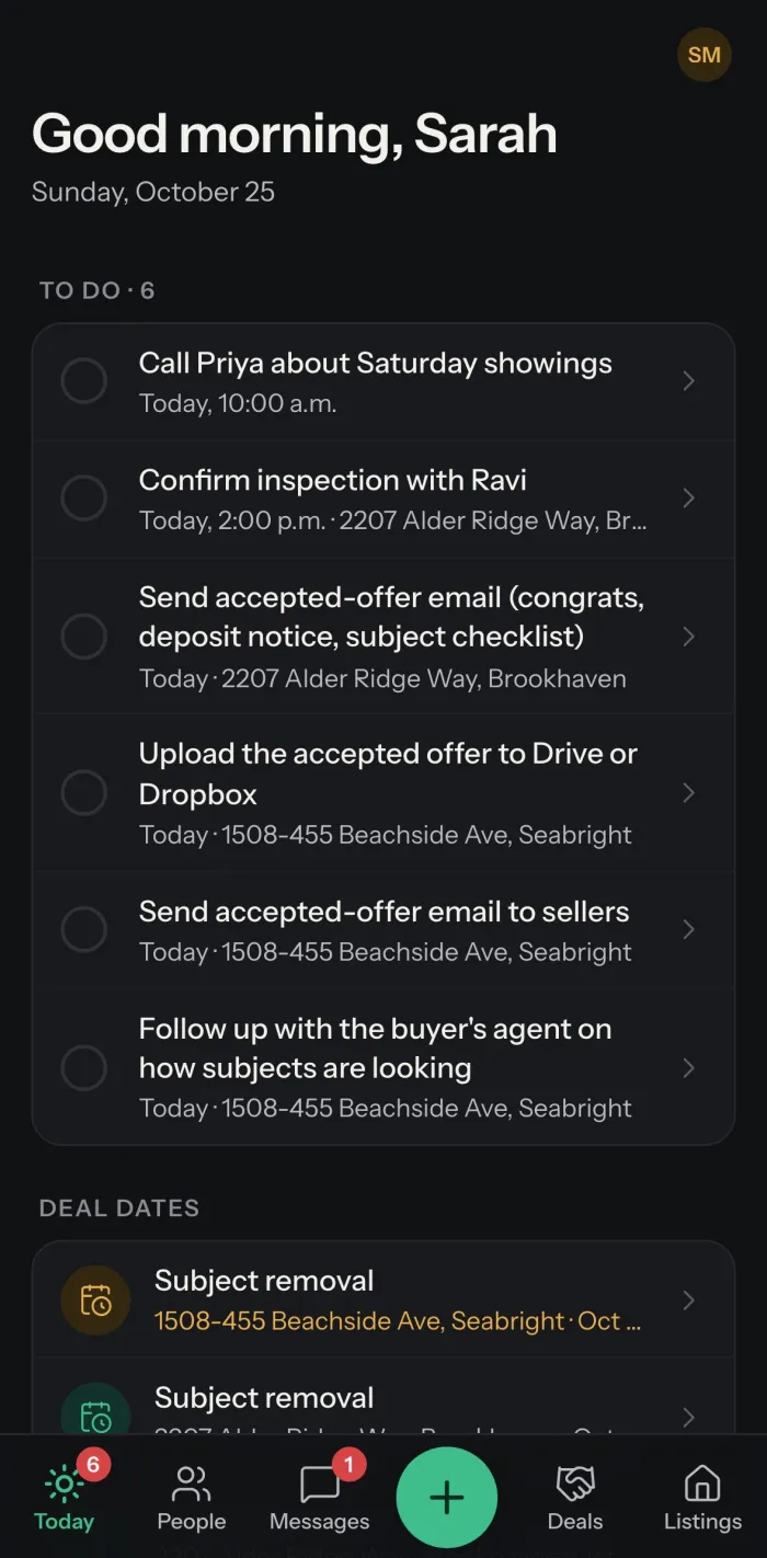 Keyvera on a phone: today's tasks and deal dates